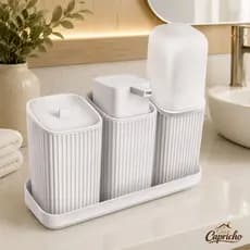 Kit 3 Acessórios Banheiro com Bandeja Dispenser Sabonete Líquido, Porta Algodão e Porta Escovas