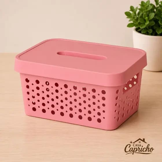 Cesto Organizador Caixa Organizadora Rattan com Tampa - 2 Litros ROSA