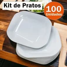 Kit 100 Pratos Premium Quadrado de Plástico Resistente Durável com Detalhes em Espiral