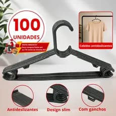 Kit 100 Cabides Adulto Premium Preto Antideslisante Resistente de Fábrica