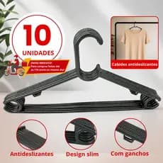 Kit 10 Cabides Adulto Premium Preto Antideslisante Resistente de Fábrica