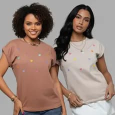 Kit 2 Blusas Femininas Manga Japonesa Bordado Coração – Estilo e Conforto 100% Algodão