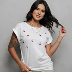 Blusa Feminina Bordado Cereja – Manga Japonesa 100% Algodão