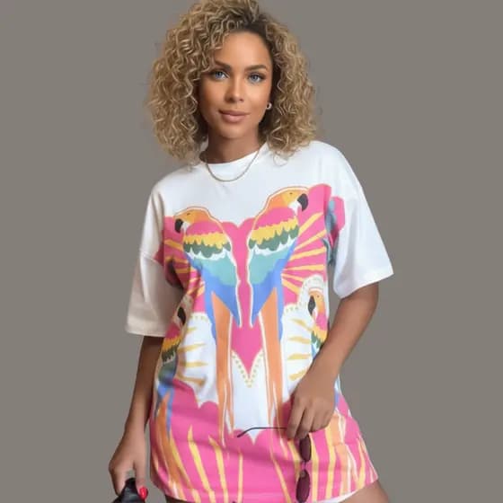 Blusa Max Feminina Araras Coloridas – Estilo Vibrante e Conforto em 100% Algodão
