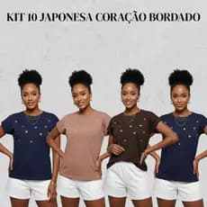 Kit 10 T-Shirts Femininas Manga Japonesa – Básicas com Bordado de Coração em 100% Algodão
