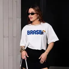 Blusa Cropped Feminino estampa Brasil Copa  100% Algodão Oversized -Verão
