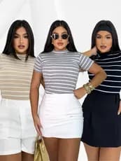 Blusa Listrada Feminina Manga Curta Gola Redonda Retro Casual Social Básica Camiseta Verão