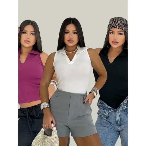 Regata Canelada Camisa Gola Polo Blusa Básica Feminina Liso Camiseta Casual Moderna Tendência Verão