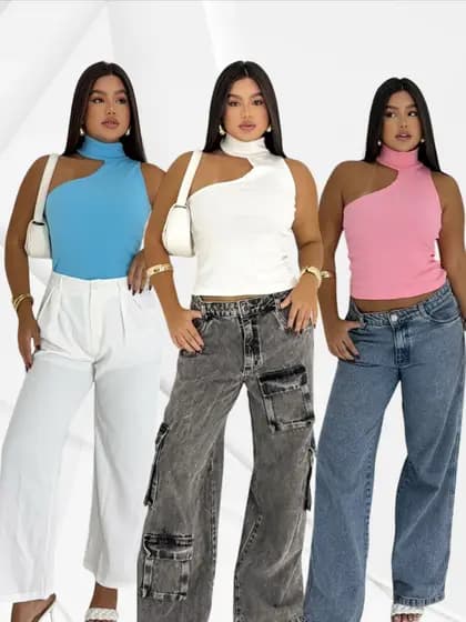 CAMISETA FEMININA BLUSA GOLA ALTA CASUAL DETALHE PESCOÇO BÁSICA MODERNA DIA A DIA CARNAVAL