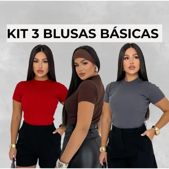 KIT 3 BLUSAS BLUSINHA BASICA RIBANA CANELADA DIA A DIA MODA GRINGA CONFORTO VERÃO