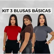 KIT 3 BLUSAS BLUSINHA BASICA RIBANA CANELADA DIA A DIA MODA GRINGA CONFORTO VERÃO