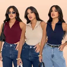 Blusa Básica Feminina Gola Polo Baby look T-shirt Coladinha Ribana Canelada Verão