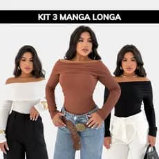 KIT COM 3 BLUSAS FEMININA MANGA LONGA BABADO OMBRO RIBANA POLIÉSTER