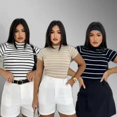 Blusas Feminina Manga Curta Gola Redonda Slim Coladinha Ribana Canelada Alta Qualidade Listras Verão