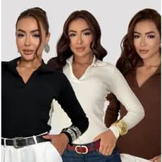 Blusa Feminina Canelada Manga Longa Gola Polo Básica Inverno ribana canelada Casual Look Trabalho