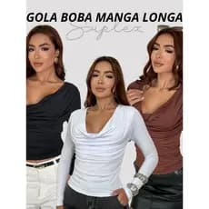 Blusa Feminina Gola Boba Manga Longa Suplex Light Social Elegante Tendência Inverno Camiseta Casual