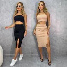 Conjunto Feminino Canelado Croped de Alça Saia Longa com Abertura Lateral Fenda Midi Elegante Cropet