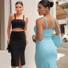 Conjunto Feminino Canelado Cropped Saia Longa com Abertura Fenda Midi Elegante Cropeed de Alça