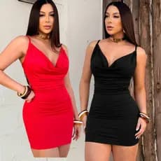 Vestido Feminino Vermelho Branco Babado na Frente Tiras Alça Fina Justo Midi Tubinho Natal Ano novo