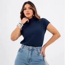 Blusa Gola Alta Moda Feminina T-shirt Ribana Premium Algodao Manga Curta Tendencia Minimalista