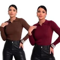 Blusa Polo Canelada Manga Longa Básica Elegante Ribana Algodão