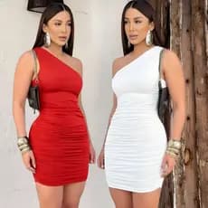 Vestido Feminino Tubinho Justo Mula Manca Um Ombro Só Forro Duplo Suplex Vermelho Branco