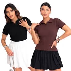 Kit 2 Blusas Gola Polo Feminina Manguinha Curta Moda Basica Casual Dia a Dia Trabalho Verao Ribanna