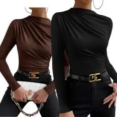 Blusinha manga longa drapeado colado ao corpo tecido leve confortável look moderno feminino Chique