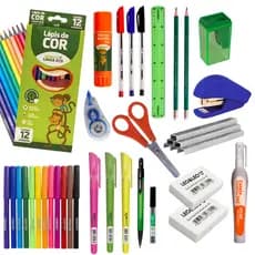 Kit Material Escolar Completo Lapis de Cor 12 Cores Hidrocor Caneta Apontador Borracha Leo Leo