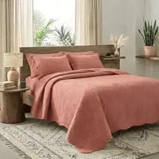 Kit Colcha de Casal 3 Peças Cobre Leito Dupla Face Cor Lisa Quarto Cama Posta 100% Algodão