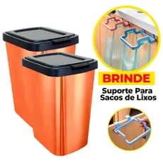 Kit 2 Lixeira Cesto Tipo Inox Metalizado 09 Lt Com Tampa Click Label Banheiro Cozinha Quarto + Suporte Saco para Lixo
