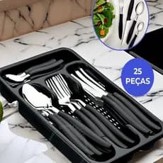 Faqueiro Jogo De Talheres Inox C/ Porta Talher 25 Pçs Preto