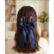 kit 2 Presilha Piranha Para Cabelo Com Laço Grande de  Cetim Azul E Bege