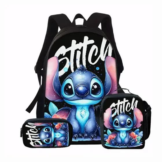 Nova mochila fofa do Stitch com lancheira, conjunto de três peças em estoque para entrega no mesmo dia, mochila escolar
