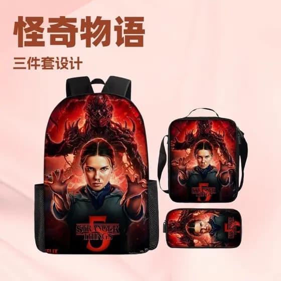 Nova mochila escolar de grande capacidade Stranger Things 5, conjunto de três peças, elegante e simples.