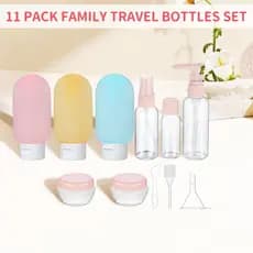 Conjunto de 11 frascos de artigos de higiene pessoal para viagem, portáteis e recarregáveis.