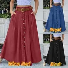 Saia longa feminina com botões/bolso frontal/retro/casual (sem cinto) LTAH