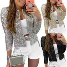 Cardigã Feminino de Manga Longa com Lantejoulas Brilhantes, Frente Aberta, Casaco Casual 1425