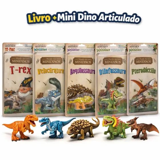 Atacado - Mundo dos MINIDINOS Livro Dinossauro + Miniatura Articulada -10 ou 25 Unidades Variadas