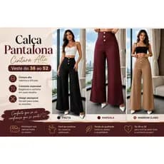Calça Pantalona Promoção mais Vendida Cintura Alta Plus Boca Larga Botões Lycra Tecido Grosso Disfarça Celulites