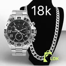 Relógio Masculino Prata Dourado Banhado 18k + Corrente Grossa 18K