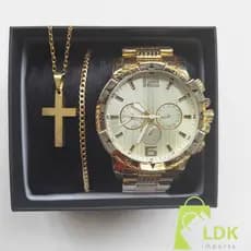 Conjunto Premium Relógio Masculino Aço Inox + Corrente Com Cruz E Pulseira