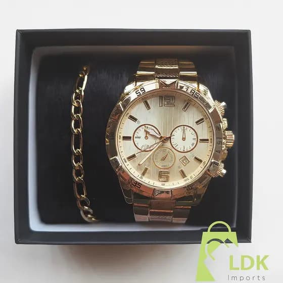 Kit Relógio Masculino Aço Inoxidável + Pulseira Grossa de Aço Inoxidável