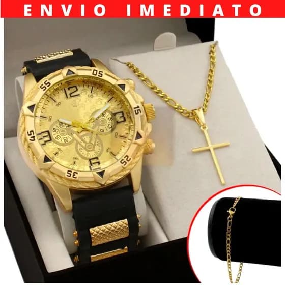 Kit Relógio Masculino + Pulseira Ouro Prata + Colar Cruz Estilo e Elegância