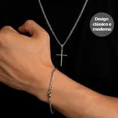 Corrente Colar Pingente Cruz 60CM + Pulseira Masculina 20CM de Aço Inoxidável Masculino Conjunto Presente