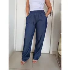 Calça Reta de chambray LISO  Feminina Elastico na Cintura com Bolso M G GG G1
