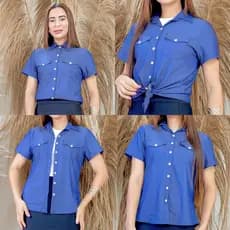 Camisa Jeans Feminina Elegante Chambray – Manga Curta, Bolsos Frontais e Fecho em Botões