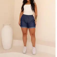 Short de chambray  Feminina Barra Dobrada com Elastico na Cintura