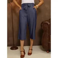 Panta cur 002 Feminina com Cinto Feita do Tecido Chambray com Bolsos Laterais.