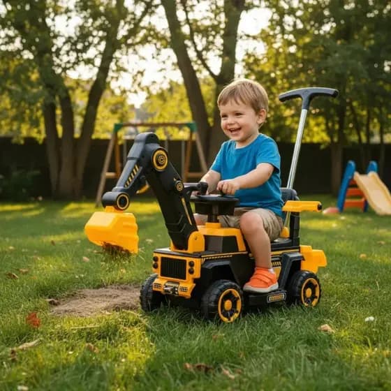 Retroescavadeira Elétrica Infantil Veiculo Trator Pá Empurrar Bateria Amarela Carrinho Brinquedo